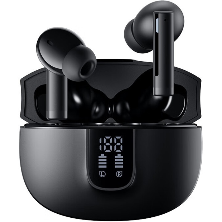 Vezeték nélküli fülhallgató, Bluetooth 5.3, dupla HD mikrofon, sztereó hang, LCD kijelző, játékmód, alacsony késleltetés, érintésvezérlés, vízálló, fekete