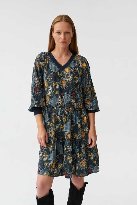 Tatuum, Rochie cu decolteu in V si model floral, Visiniu/Galben/Albastru