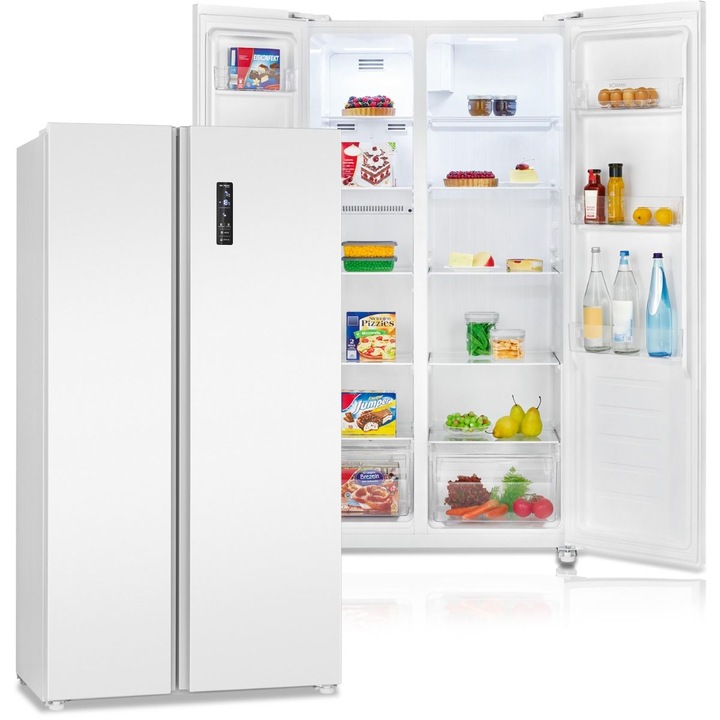 Side by side hűtőszekrény, Bomann, SBS 7344, Total No Frost, 442 liter, magasság 177 cm, csendes, üvegpolcok, digitális kijelző, MultiAirflow rendszer és Holiday mód, gyors hűtés és fagyasztás, nyitott ajtó riasztó, fehér