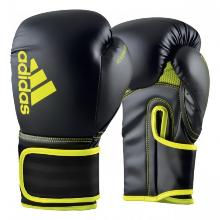 Manusi de box unisex, Adidas, Hybrid 80, Poliuretan, Negru/Galben, 10 oz