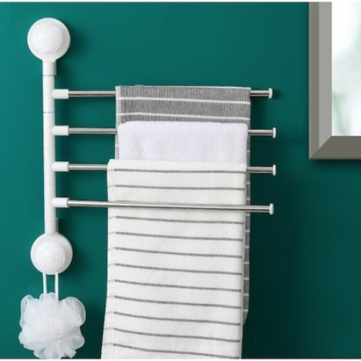 Suport pentru prosoape, cu prindere pe perete, cu ventuze, din metal si plastic, alb/gri