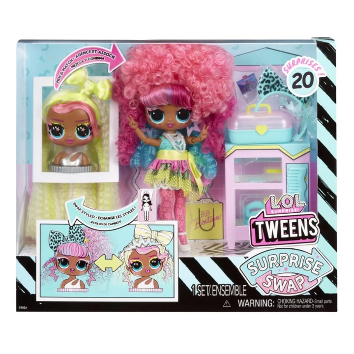 LOL Surprise Tweens Doll, Swap Curls -To - Crimps Cora Fashion Doll, 2 различни стила и функция за смяна на главата, 20+ изненади