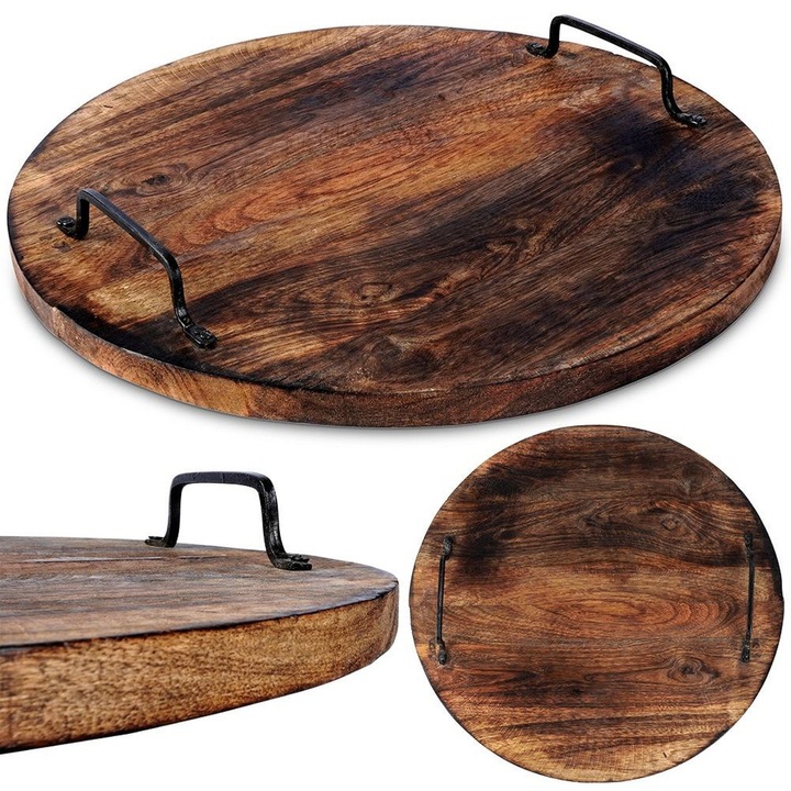 Tava de servire, Artemis, din lemn de mango, 39-40 cm, rezistenta la umiditate, cu manere metalice