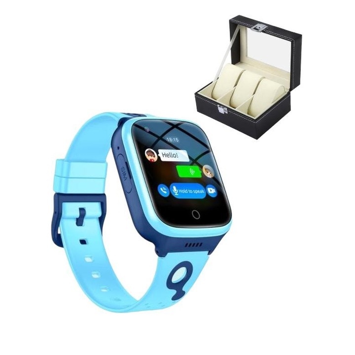 Ceas smartwatch pentru copii, slot cartela SIM, 4G, cu GPS, buton SOS, apelare video, localizare precisa GPS, monitorizare spion, compatibil IOS, Android, albastru, si cutie organizatoare pentru 3 ceasuri