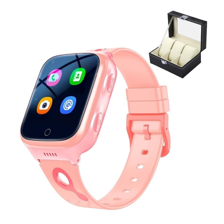 Ceas smartwatch pentru copii, slot cartela SIM, 4G, cu GPS, buton SOS, apelare video, localizare precisa GPS, monitorizare spion, compatibil IOS, Android, roz, si cutie organizatoare pentru 3 ceasuri