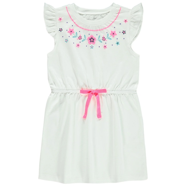 Rochita WHITY uni pentru copii/fetite, ERAKIDS, talie cu snur de ajustare, maneci cu volane, detaliu floral decorativ, bumbac/elastan, Alb