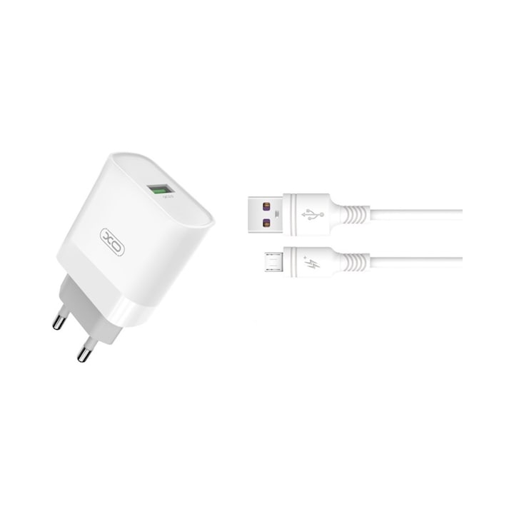 Set Incarcator Retea XO L63 Alb cu cablu de date/incarcare MicroUSB si adaptor 15W USB QC, Universal, Design Compact, Protectii Multiple