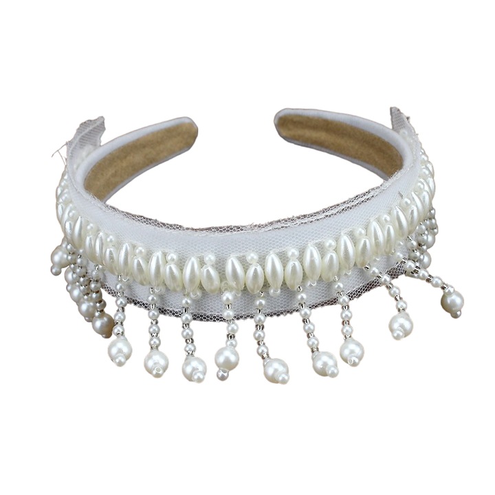 Bentita alba, cu plasa si franjuri din perle, Ilva C1