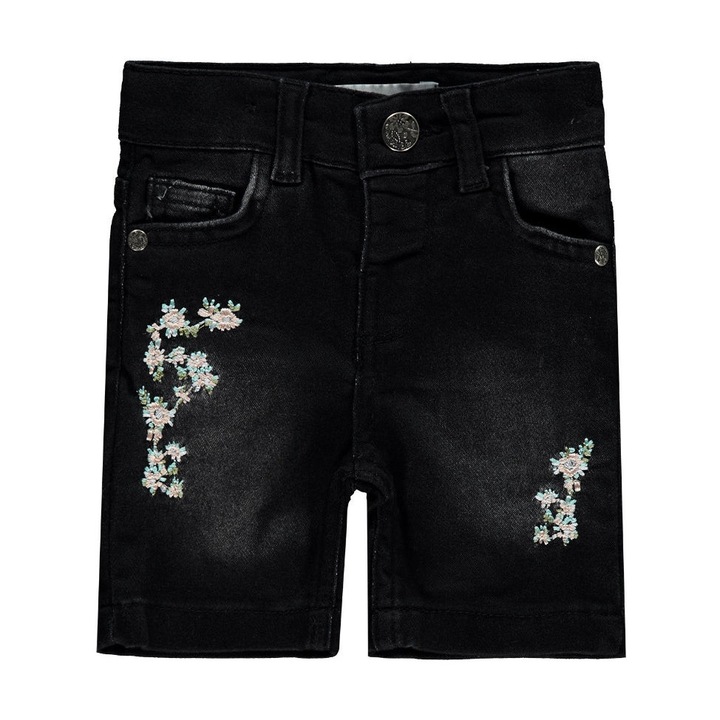 Pantaloni scurti din denim pentru copii/fetite, ERAKIDS, broderie florala, 98% bumbac 2% elastann, Negru