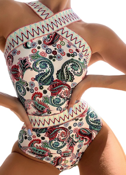 Costum de baie intreg cu banda chevron, model dupa gat, motive florale, culoarea alb si verde