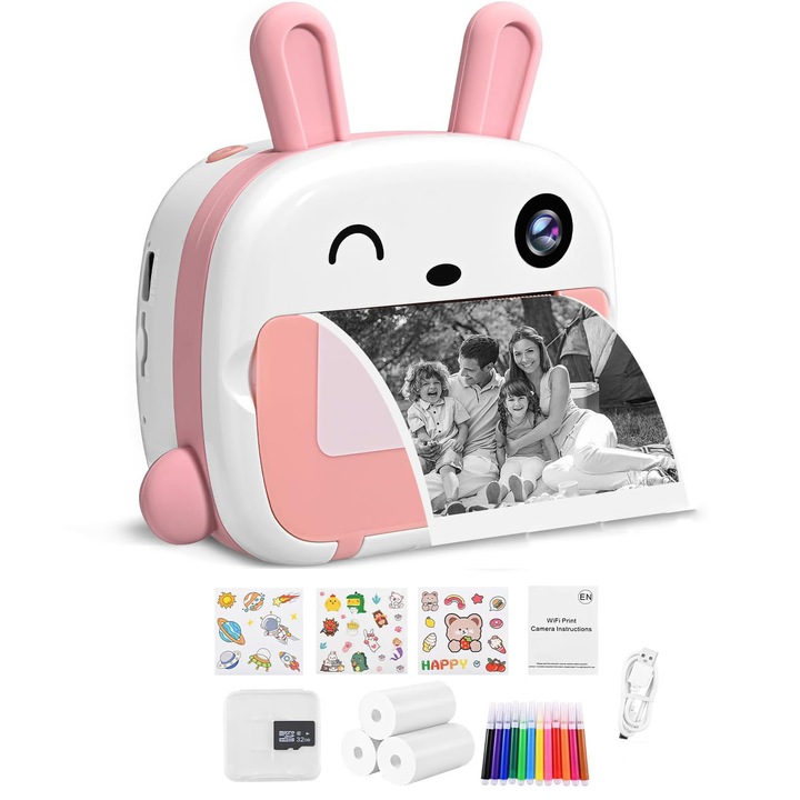 Camera instantanee pentru copii, Wallalla, 1080P, ecran de 2.4 inchi, 32 GB, 3-16 ani, Roz