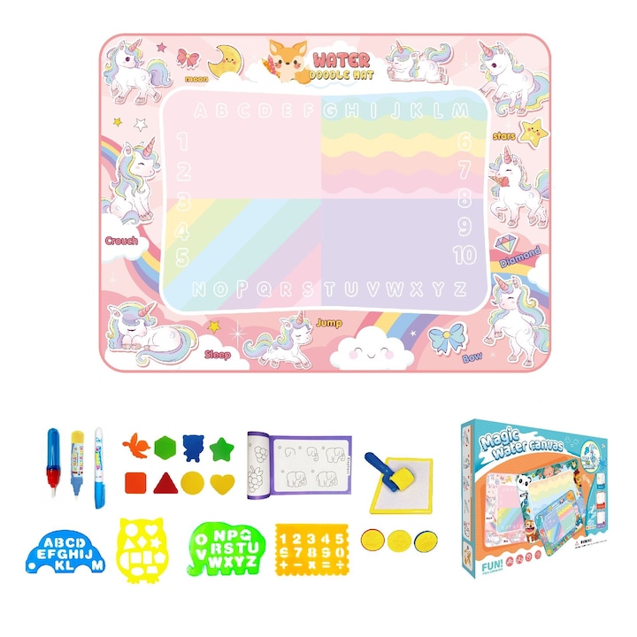 Set jucarie educativa si interactiva, joc covorasul Magic Aquadoodle unicorn, coloreaza cu apa, fete, + 3 ani, roz, 118 x 88 cm
