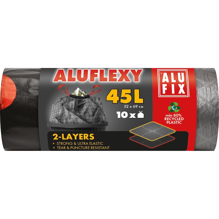 Saci de gunoi cu snur ALUFLEXY LDPE 52x69cm steel 45L/10buc ALUFIX