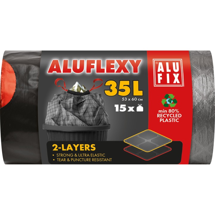 Торби за боклук с връв ALUFLEXY LDPE 53x60cm стомана 35L/15бр ALUFIX