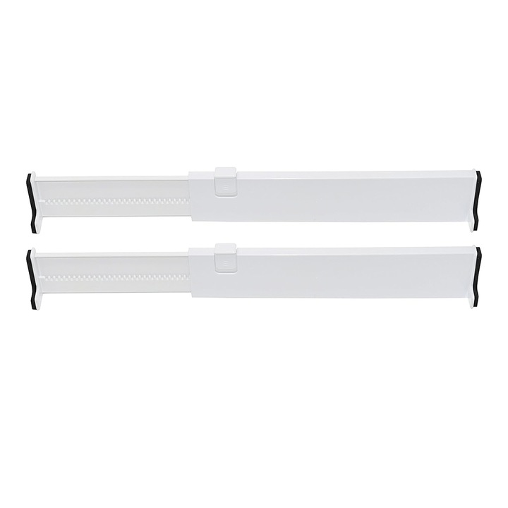 Set 2 x Organizator pentru Sertar EDAR, Extensibil. Spuma Antialunecare, Sistem Blocare, Lungime Maxima 55 cm, Plastic, Alb