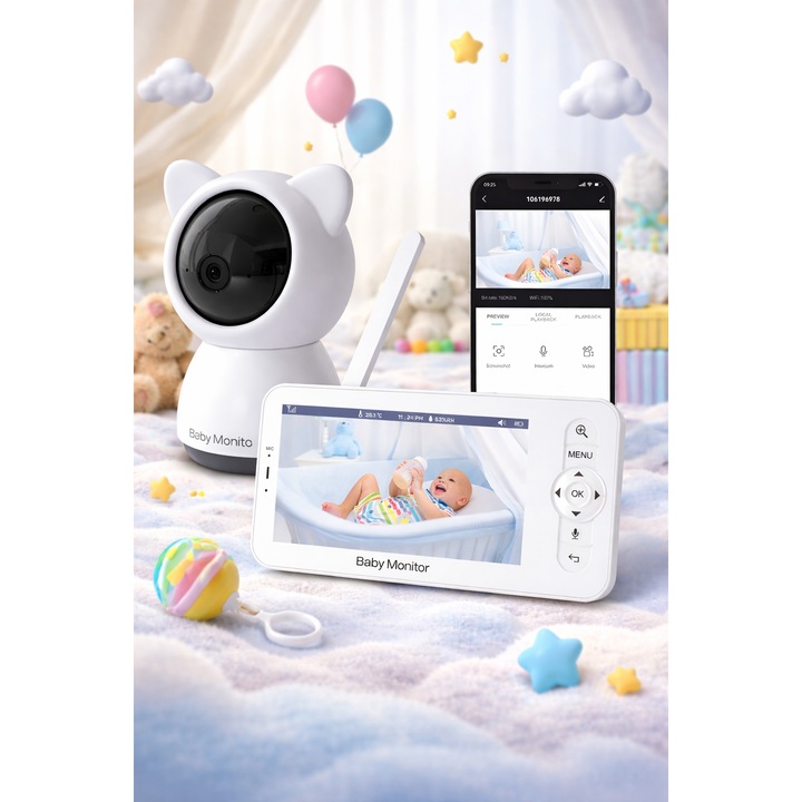 Baby Monitor SupremeBaby IdealStore, Ecran HD de 5 inch, Monitorizare temperatura, Conectare prin aplicatie, Rotire Verticala si Orizontala, Vedere de inalta calitate pe timpul noptii, Cantece de leagan, Raza mare de actiune pana la 300m, Zoom 4X