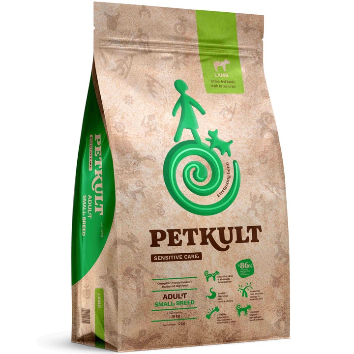 Hrana uscata pentru caini Petkult Sensitive, Adult, Talie Mica, Miel & Orez 12kg