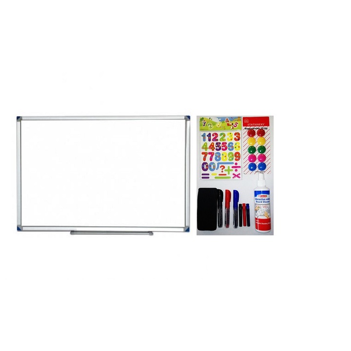 Tabla whiteboard magnetic, 90x120 cm, rama aluminiu PREMIUM + accesorii incluse in pret: burete, 3 markere cu refill (3 culori), 3 rezerve marker (3 culori), spray 125 ml, 1 set magneti color, 1 set magneti color cifre si semne matematice