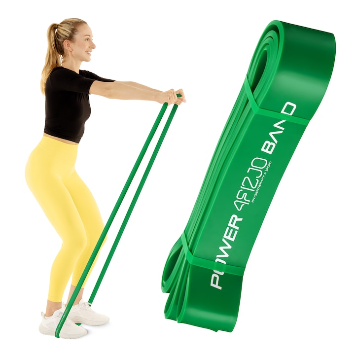 Banda elastica, banda de rezistenta pentru fitness, antrenament in sala de gimnastica, gimnastica de recuperare, rezistenta 26-36 kg, 4FIZJO, Latex, 208 cm, Verde
