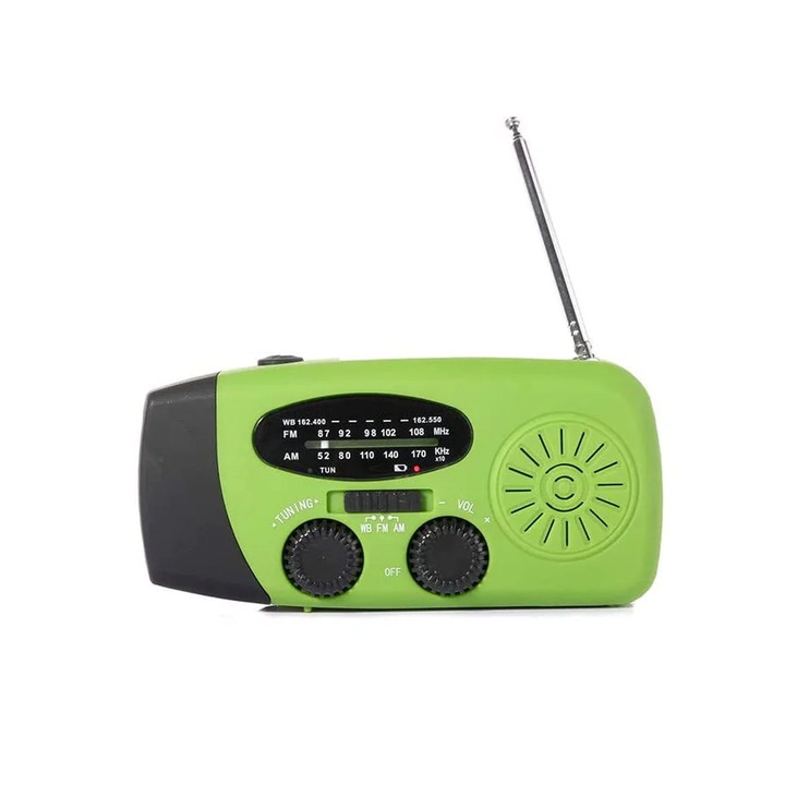 Radio Portabil Camping, Incarcare Solara, Baterie de 1200mAh, AM FM, Lanterna LED, Alarma SOS, Verde