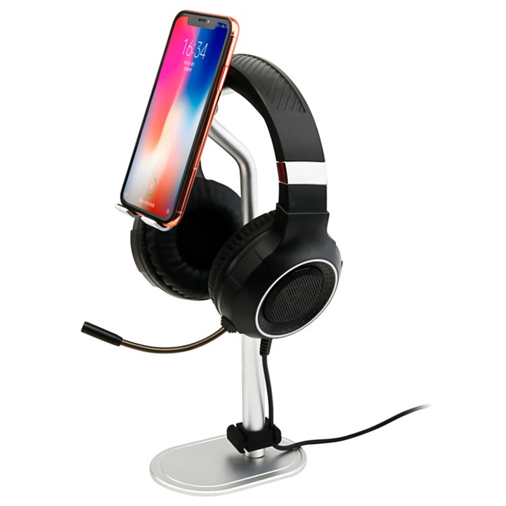 PadForce tartó fejhallgatóhoz, Telefon, 2 az 1-ben alumínium tabletta, Multifunkciós, Kábelrendező, csúszásgátló, Ezüst