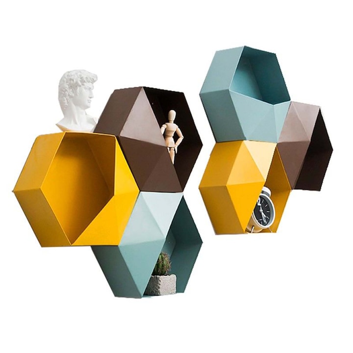 Raft decorativ PadForce® hexagonal de perete pentru depozitare, flori, ceas, decoratiuni, 26.5 x 23 cm - Alb
