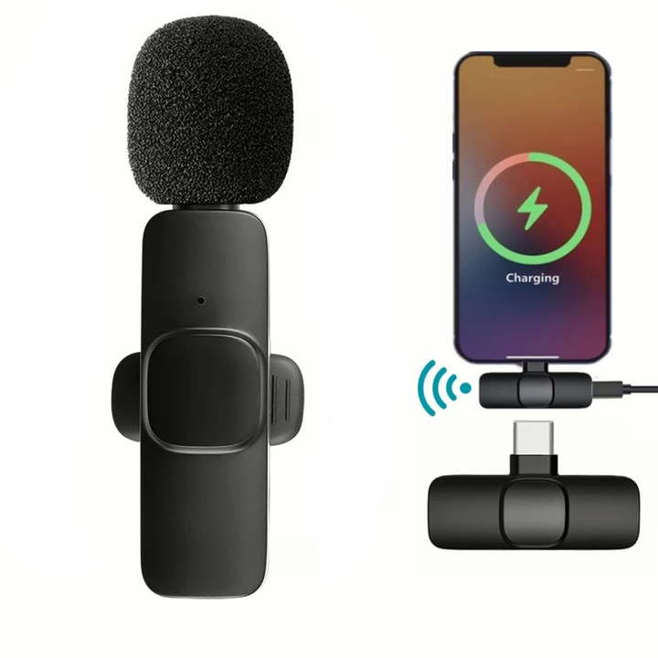 Microfon tip lavaliera PadForce®, Wireless, clip on, pentru telefon, camera foto, laptop, tableta, cu functie Noise Canceling - iOS