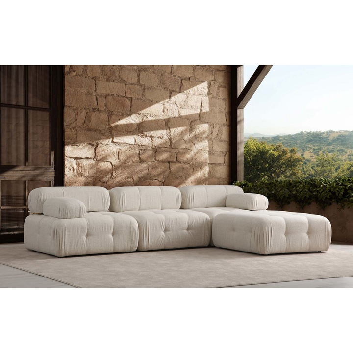 Coltar Asi Home Doblo 3 Locuri cu Pouffe L1-O1-1R-Pouffe, Crem, 315 x 210 X80X105cm