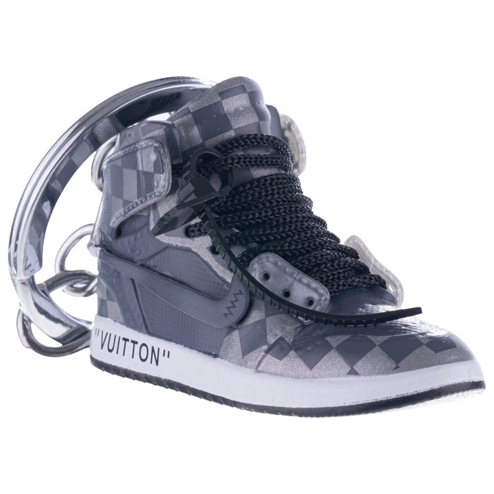 Breloc pentru chei, Nike Air Jordan VUITTON, figurina 3D, 50x30 mm, fabricat din cauciuc si pvc, realizat si pictat manual, Gri