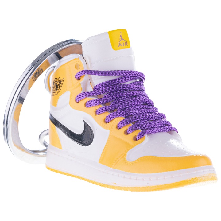 Breloc pentru chei, Nike Air Jordan, figurina 3D, 50x30 mm, fabricat din cauciuc si pvc, realizat si pictat manual, Galben-Mov