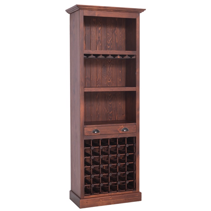 Mobila bar cu suport sticle, sertare pe sine, culoare maro P081, lacuit & vopsit, 100% lemn masiv