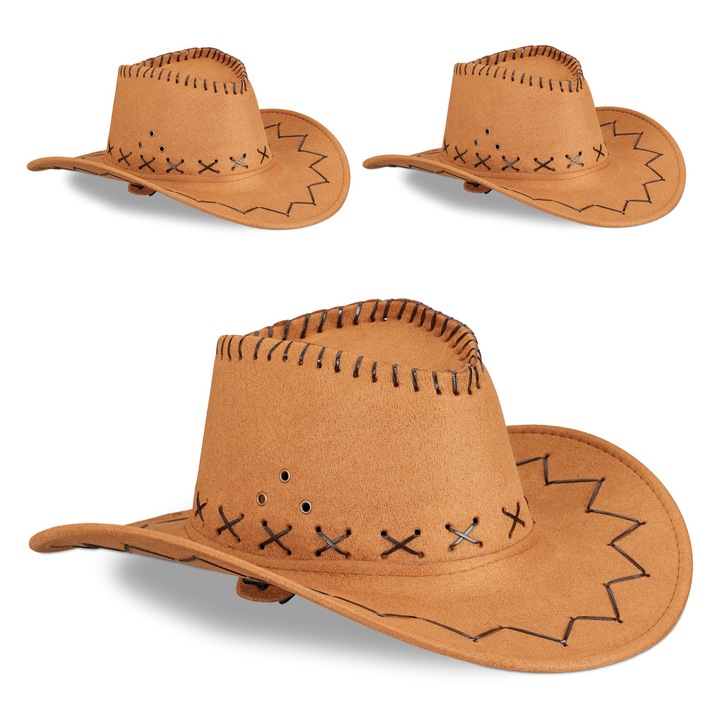 Set 3 palarii cowboy, Relaxdays, maro deschis