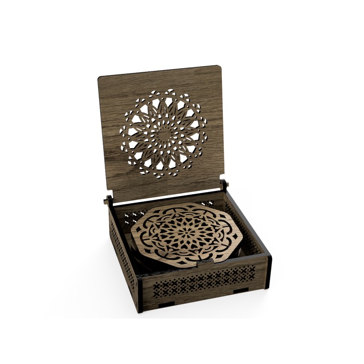 Set de 4 suporturi de pahare - coaster cu cutie, model filigran, lemn natur/vopsit, 10cm diametru