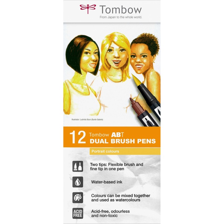 Set 12 Markere Dual Brush Watercoloring Tombow ABT Portrait Colors