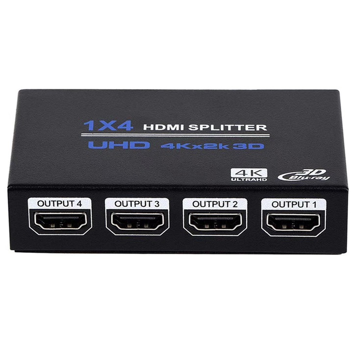 Splitter HDMI 1x4 4K cu Amplificator Staryon® 1 In 4 Out HDMI - Partajare Continut de pe O Singura Sursa HDMI catre Patru Monitoare sau Proiectoare cu Rezolutie 3840X2160, HDMI 1.4b, Suport 3D, Alimentare 5V/2A, Negru
