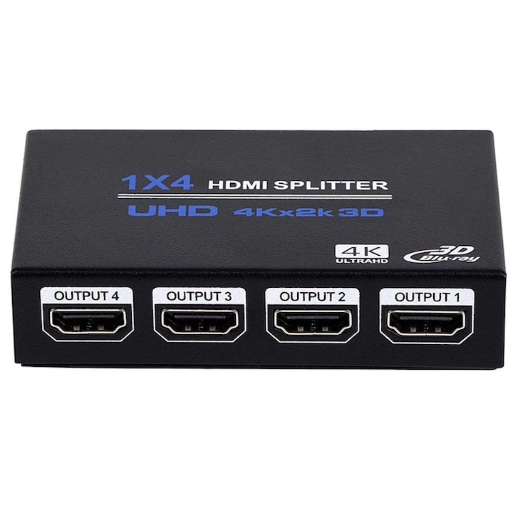 Splitter HDMI 1x4 4K cu Amplificator Staryon® 1 In 4 Out HDMI - Partajare Continut de pe O Singura Sursa HDMI catre Patru Monitoare sau Proiectoare cu Rezolutie 3840X2160, HDMI 1.4b, Suport 3D, Alimentare 5V/2A, Negru
