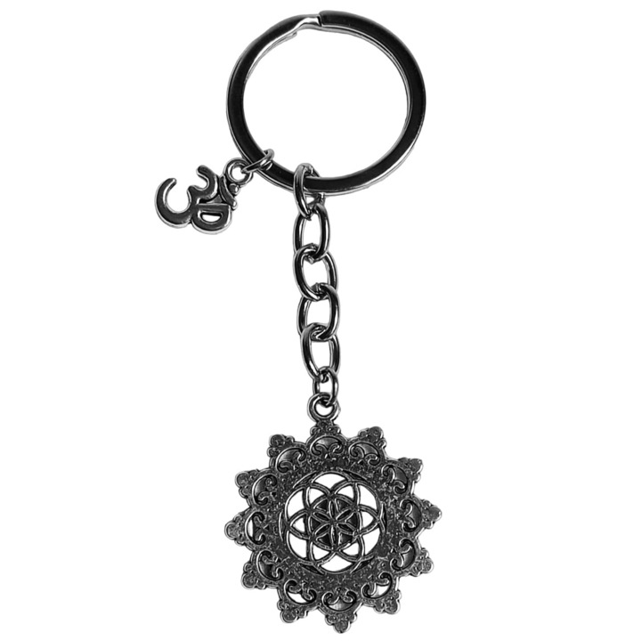Mandala, Om, Aum egyedi kulcstartó, 9,5 cm, ezüst szín