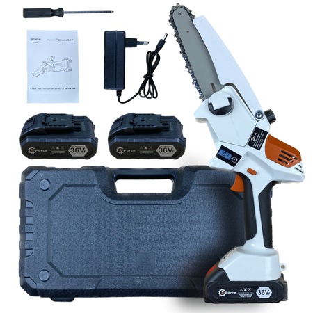 Mini drujba cu 2 acumulatori 36V, sistem ungere lant, display digital, lanterna, protectie mana si lama