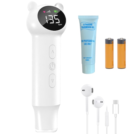 Monitor Fetal Doppler, BYONDSELF®, cu Casti, Baterie inclusa, Gel Ultrasunete Inclus, Monitorizare Functii Vitale Fat Intrauterin, Ecran Color LCD, Detectarea Batailor Inimii, Alb