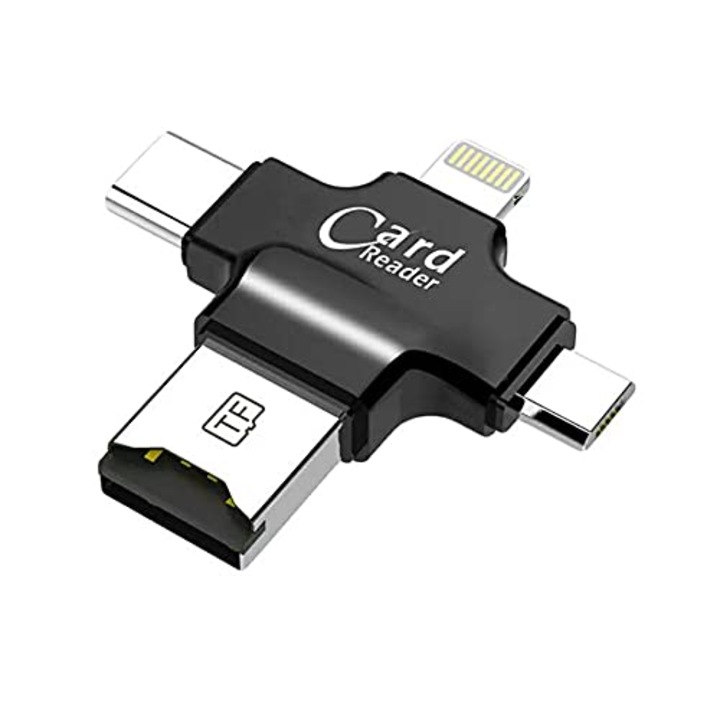 Cititor De Card Cu Adaptor 4 In 1, Qeno®️ Compatibil Cu Apple/Samsung/Huawei, Micro Usb, Mufe Lighting/Type-C, Micro SD, Transfer Rapid De Date, Negru