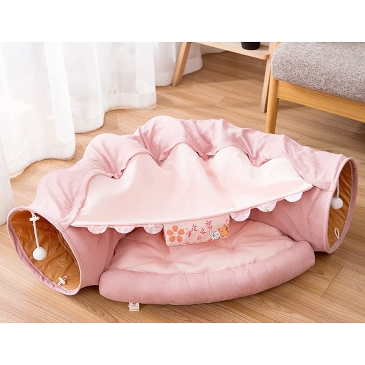 Pat tunel pentru pisici 2 in 1 cu perna si jucarie cu minge de plus, loc de joaca pliabil pentru pisici, 126x30cm Roz
