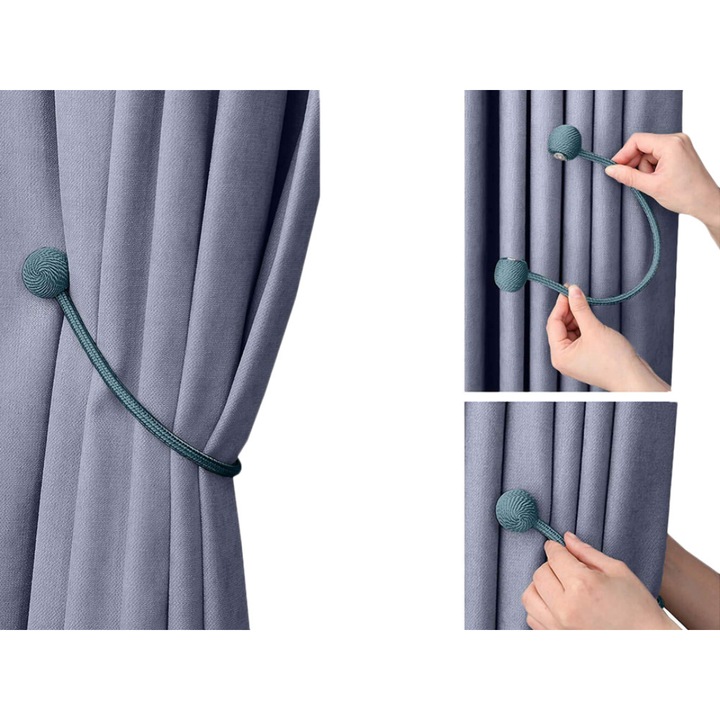 Set 2 magneti decorativi pentru prinderea perdelelor si draperiilor Bootic®, forma rotunda, snur textil 41 cm - Gri albastrui