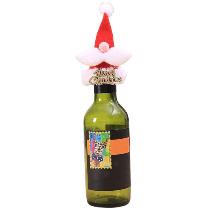 Accesoriu decorativ pentru sticlele de vin, tematica Craciun, caciulita Merry Christmas, material textil/poliester, rosu
