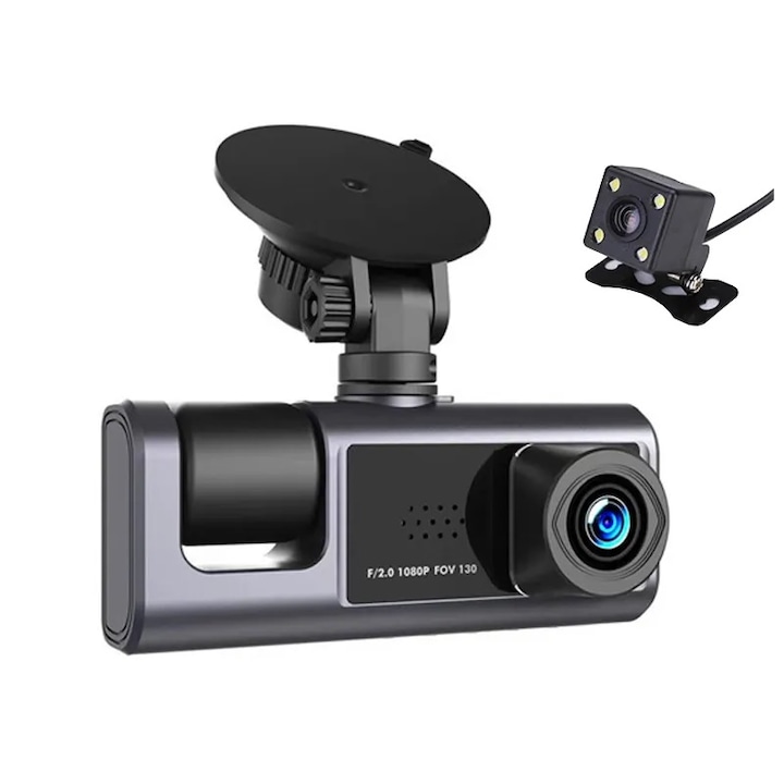 Camera tripla auto de bord Full HD 1080P, 3 Lentile, Unghi inregistrare 170°, IPS Display 2", Night Vision, Inregistrare Dubla, Loop Recording, G-sensor, Detectare Miscare, Negru