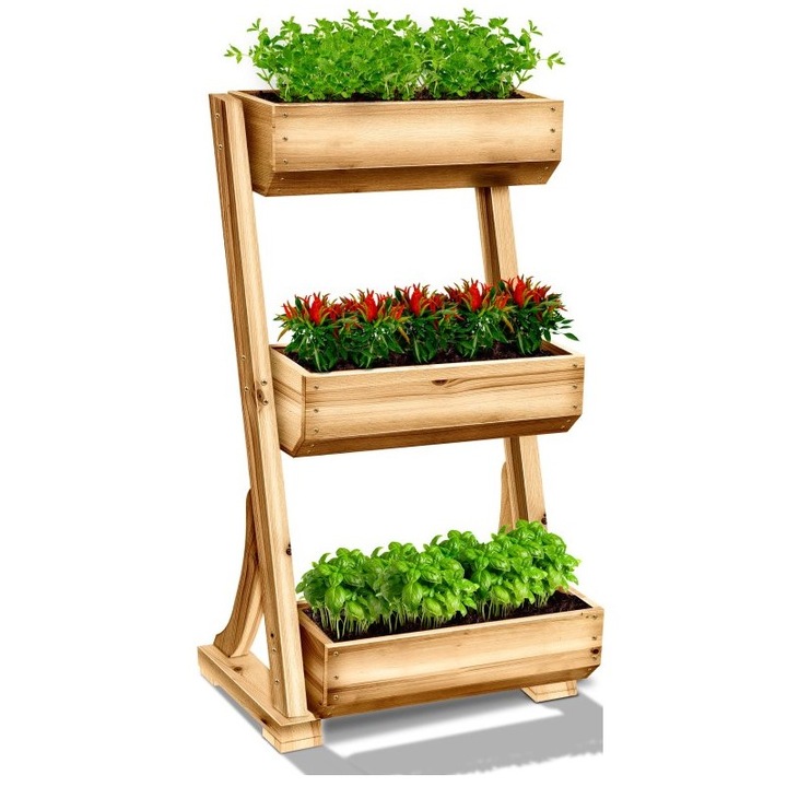 Suport pentru flori, 3 nivele, din lemn, 140 cm x 60 cm x 49 cm, maro