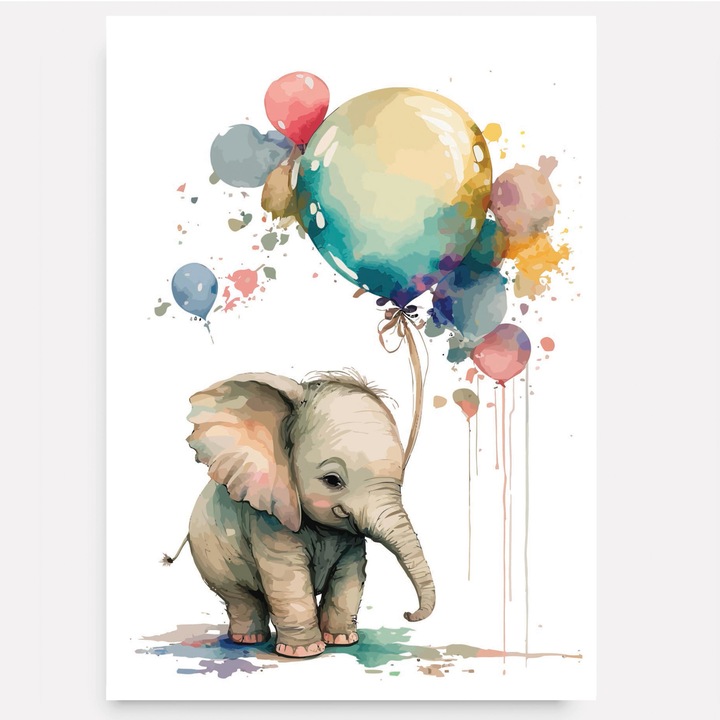 Poster pentru perete camera copii, fara rama, desen acuarele pui de elefant cu baloane, multicolor, print digital pe hartie foto mata, 250g/mp, 30x40cm