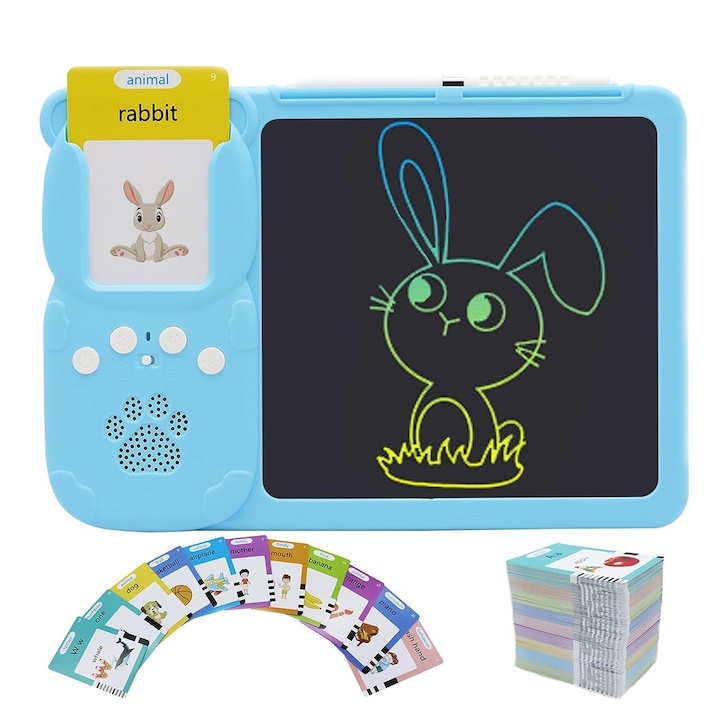 MorFansi 2 az 1-ben LCD táblagép kártyaolvasóval gyerekeknek, 255 darabos szókártyák íráshoz, rajzoláshoz és tanuláshoz, STEM, 3 év+, kék