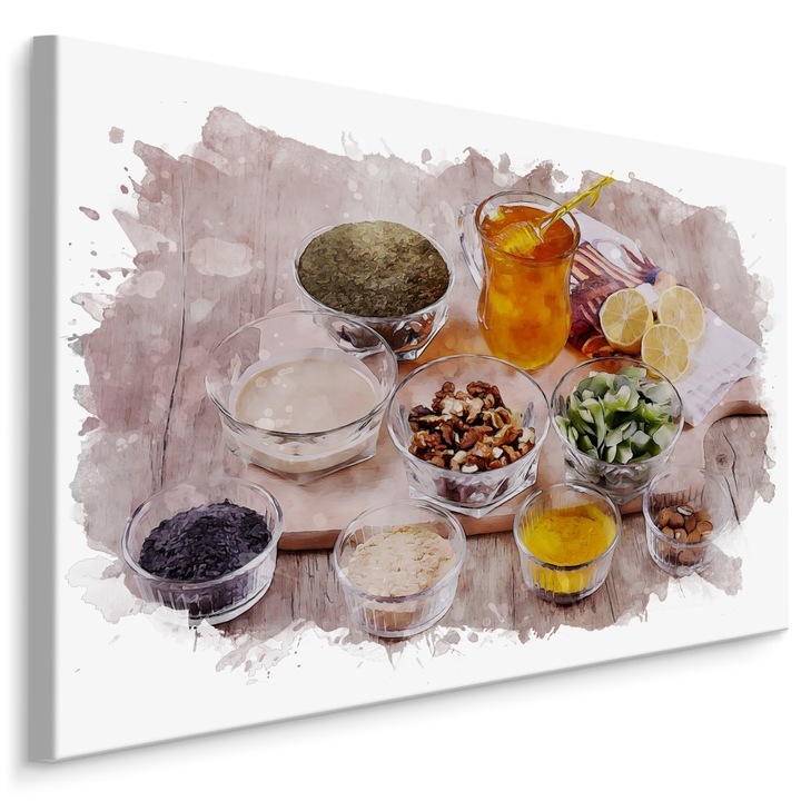 Картина за всекидневна подправки билки мед дъски 40x30cm Канава, Акварелен модел, Канава върху дървена рамка