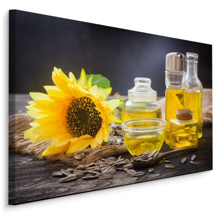 Tablou Canvas Flori de floarea soarelui si sticle cu ulei 100x70cm Decoratiuni Moderne pentru Casa, Decorarea peretelui, Decorativ