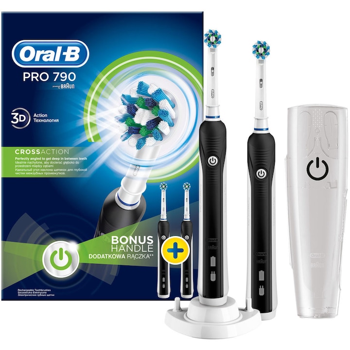 2 db Oral-B PRO 790 CrossAction elektromos fogkefe készlet, újratölthető, 1 program, 1 vég, utazási tartó, fehér/fekete